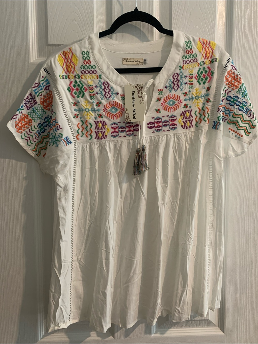 White Embroidered Blouse with Multicolor Stitching